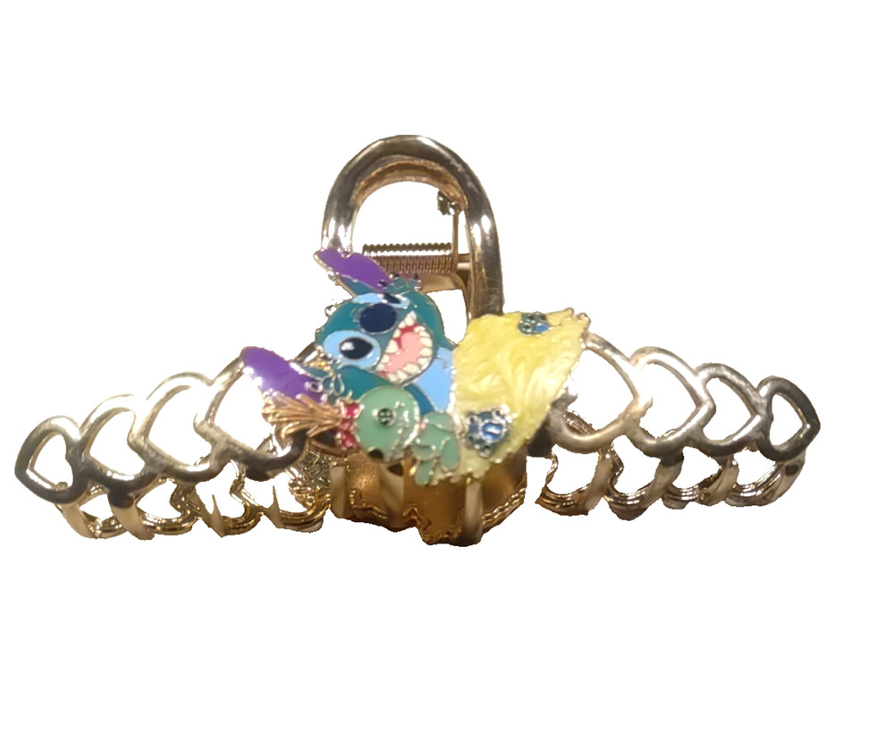 Stitch Hair Barrette Claw Clip Gold Tone Blue Yellow